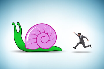 Businessman with snail in slow business concept