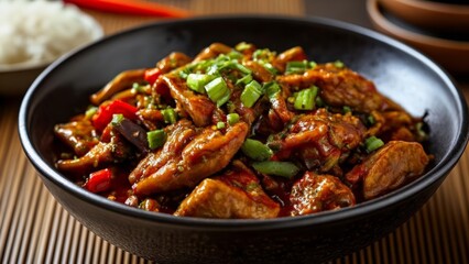 Fototapeta premium Delicious Asian stirfry with beef peppers and onions
