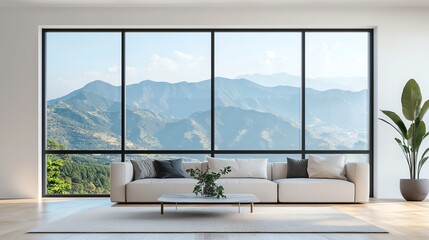 Modern living room with a stunning mountain view, featuring a cozy sofa and large windows that invite natural light.