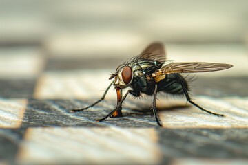 Fototapeta premium Close-up shot of small fly on chequered texture with blurred background. Insect wings, body are in focus, while surrounding pattern is out of focus. Fly delicate features are visible in sharp detail.