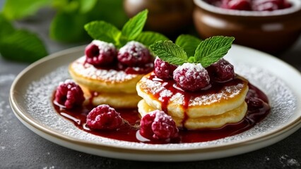 Deliciously stacked pancakes with raspberries and mint