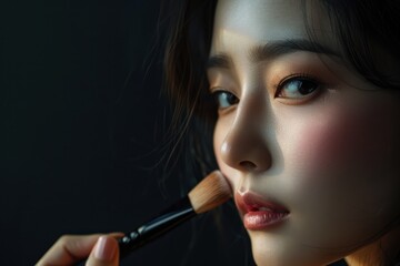 Fototapeta premium Asian model applies bold red lipstick with brush, focusing on the camera, against dark background, promoting beauty and makeup products, suitable for editorial fashion photo shoots.