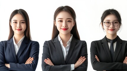 Three women in business suits are posing for a photo