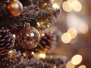 Beautifully Decorated Christmas Tree with Shiny Ornaments and Bokeh Lights in Holiday Setting