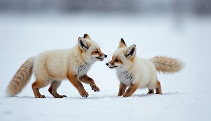 Obraz premium Two cute fox cubs playing in the snow
