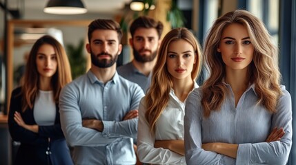 A group of five people, all wearing business attire, are posing for a photo