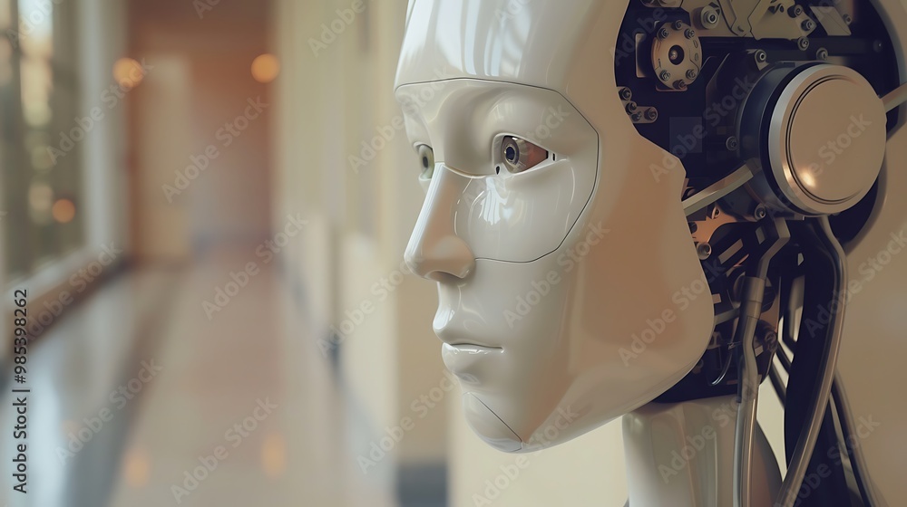 Poster close-up shot of a robot head with exposed gears and wires, depicting a futuristic and technological