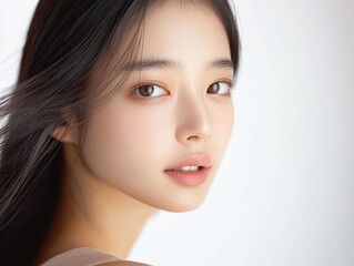 Naklejka premium Captivating Close up Portrait of Elegant Asian Woman with Flawless Skin and Natural Beauty