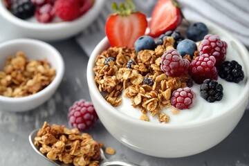 Fototapeta premium Homemade granola with yogurt, fresh berries on grey table. Close-up of healthy breakfast bowl with crunchy cereal. Greek yogurt, mixed berries on plate. Healthy meal, nutrient-rich snack, natural