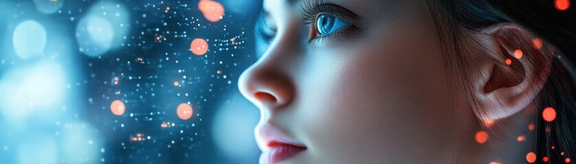 Fototapeta premium Woman with Blue Eyes Looking at Bokeh Lights.
