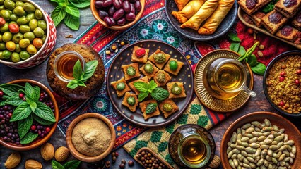 Vibrant display of typical Arab food and products including baklava, mint tea, spices, olives, dates, and colorful textiles, Arab