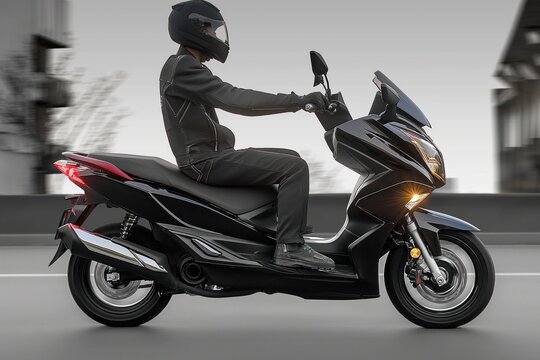 Black motorcycle on city street with rider wearing helmet and jacket. Urban setting with buildings and trees. Rider leans forward gripping handlebars tightly on PCX 125ccm scooter.