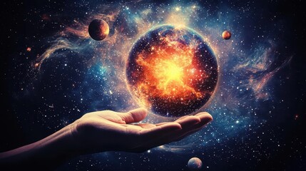 Brahma holding the universe in his palm, stars and planets forming in a swirling cosmic background, creation theme