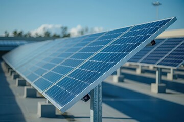 A row of solar panels are lined up on a roof