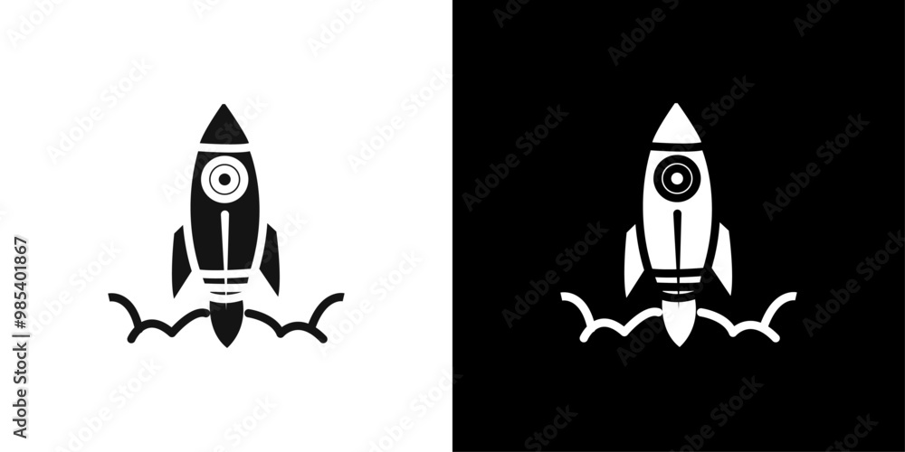 Poster rocket spaceship startup icon flat vector set outline