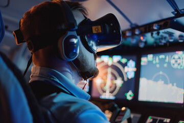  Man engaged in virtual reality flight simulator experience at aviation school