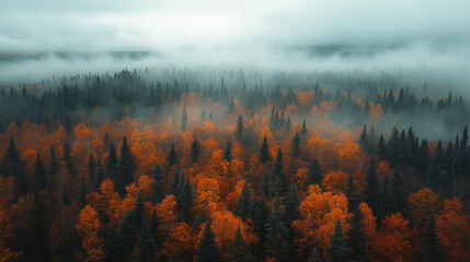 a bird's view of the Canadian forest in autumn covered by fog using an ultraviolet filter