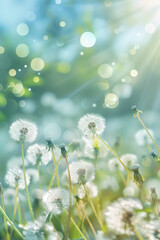 Obraz premium A beautiful spring bokeh background featuring delicate white dandelions