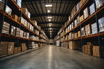 Fototapeta premium Large warehouse with high ceiling, grid-like wooden beams. Filled with cardboard boxes, crates, storage containers. Industrial interior with shelving units, pallets, work space.