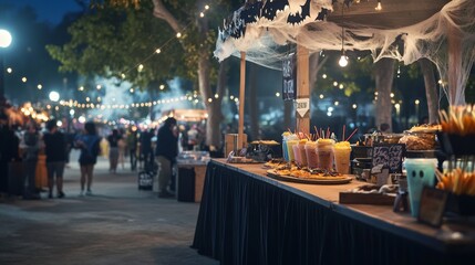 Naklejka premium A food festival booth decorated with cobwebs and bats