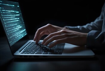 A person's hands are typing on a laptop keyboard in a dark environment with a glowing screen.