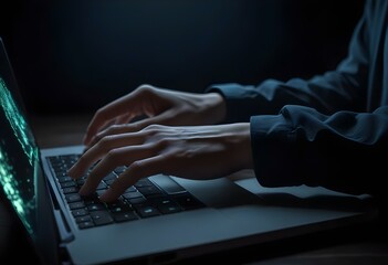 A person's hands are typing on a laptop keyboard in a dark environment with a glowing screen.