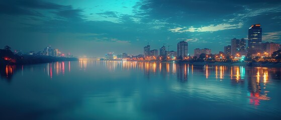 Fototapeta premium Serene Night View of City Skyline Reflected on Water