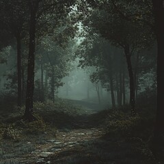 Fototapeta premium Mysterious forest path shrouded in fog