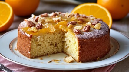  Deliciously moist cake with orange zest and nuts ready to be savored