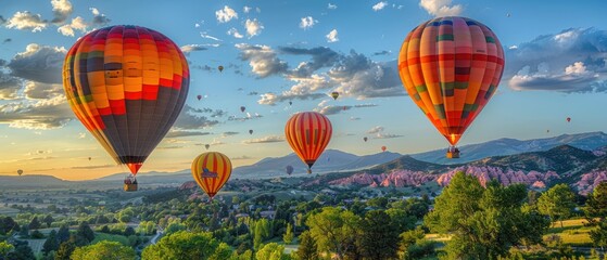 Obraz premium Colorful Hot Air Balloons in Scenic Landscape