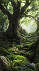 Fototapeta premium Ancient tree in lush green forest landscape