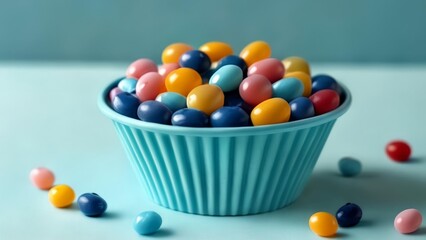  Colorful candy in a blue bowl
