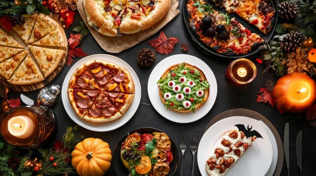 A Halloween dinner table with eerie dishes like monster burgers bat-shaped pizzas