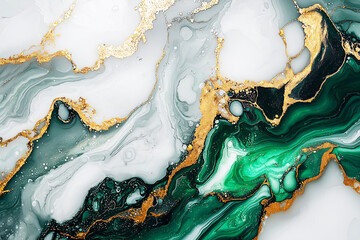 Luxurious pouring paint artwork with colours, marbelised texture white, gold, emerald green. Abstract and stunning fluid art featuring rich green tones with gold accents with flowing lines