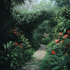Obraz premium Lush garden pathway surrounded by vibrant flora