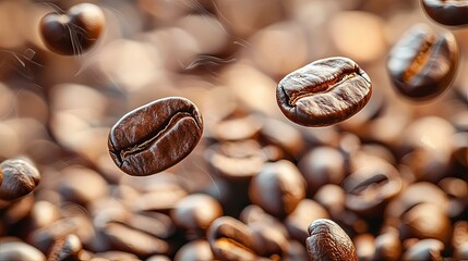 Fototapeta premium Falling Roasted Coffee Beans in Mid Air Close Up Image