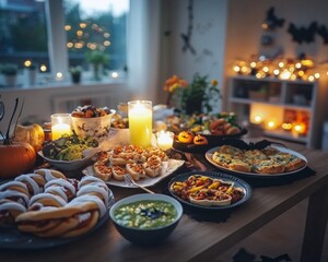 Naklejka premium A Halloween feast with the family featuring spooky dishes like mummy hot dogs