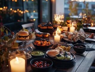 A Halloween feast with the family featuring spooky dishes like mummy hot dogs