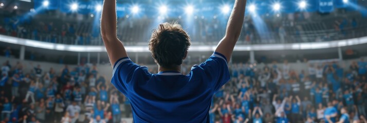 Action-packed sports moment captures player in mid-air, executing powerful shot or maneuver on court, amidst blur of colors from stadium background, drawing viewer into intense action.