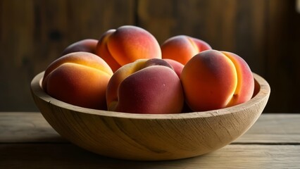 Fresh peaches in a wooden bowl ready for a summer snack
