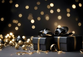 A black gift box with a white ribbon on a dark background with sparkling golden lights.