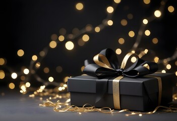 A black gift box with a white ribbon on a dark background with sparkling golden lights.