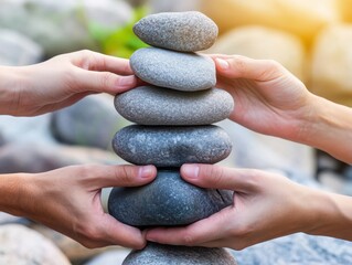 A serene image of hands carefully stacking smooth stones, symbolizing balance, harmony, and teamwork in a tranquil natural setting.