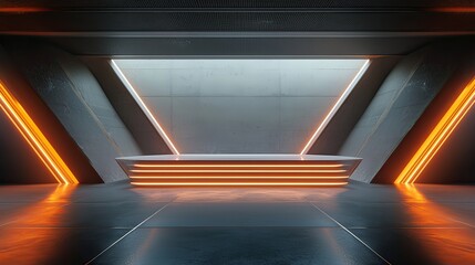 Futuristic Podium with Sharp Illuminated Lines in Dramatic Dark Setting