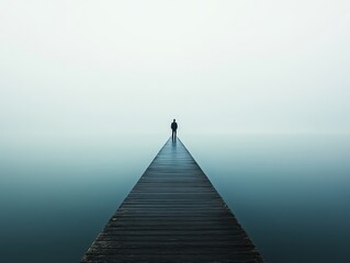 A solitary figure stands at the end of a wooden pier, surrounded by a tranquil, misty water landscape that evokes a sense of calm and introspection.