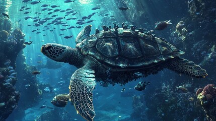 Fototapeta premium Giant Sea Turtle Nesting in the Deep Ocean Underwater Habitat