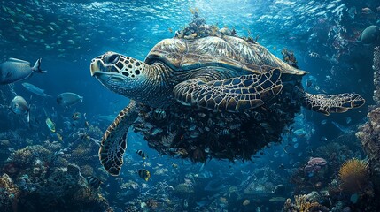 Fototapeta premium Giant Sea Turtle Builds Nest Turret in the Deep Ocean Coral Reef