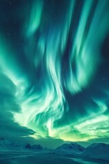 Northern lights over snowy mountains, night sky