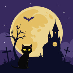 Halloween Night Spooktacular: A black cat sits serenely beneath a giant harvest moon, its silhouette outlined against a haunted castle in this charmingly spooky Halloween illustration. 