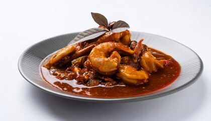 Malaysian Food, Udang Sambal Petai on white background isolated.